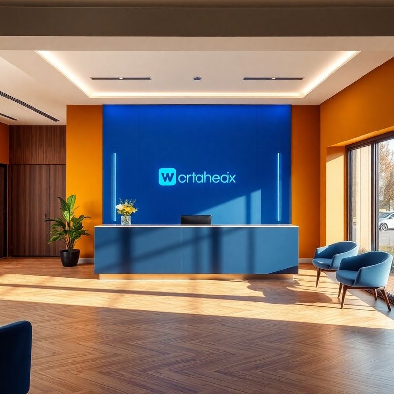 Interior de birou de consultanță fiscală în București, cu accente albastre și mobilier din lemn