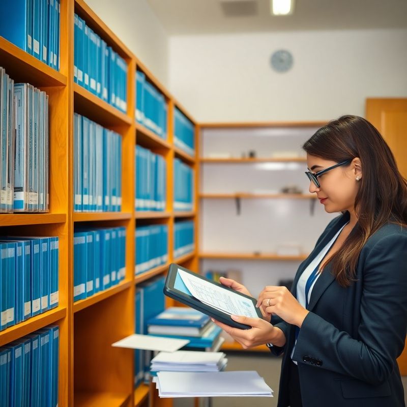 Sistem organizat de biblioraft-uri albastre pe rafturi de lemn într-un cabinet fiscal